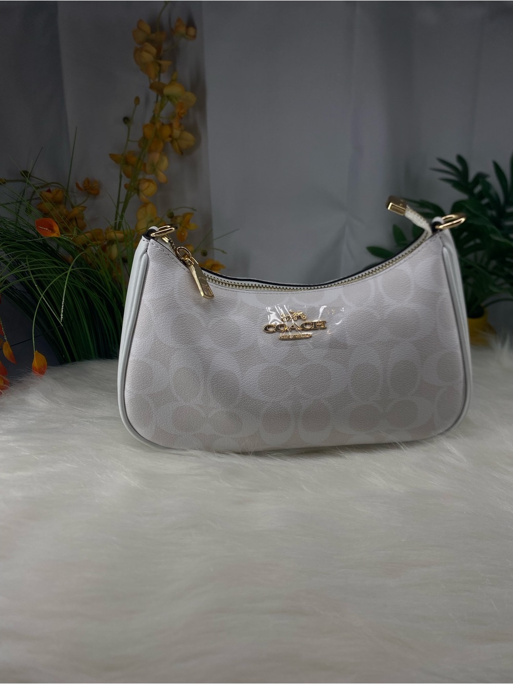 Coach Mini Shoulder Bag in Light Gray and white with Gold Hardware